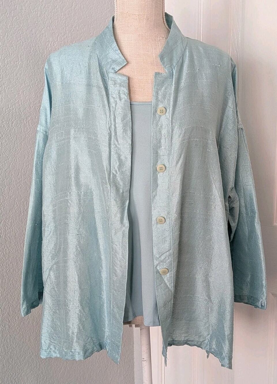 Eileen Fisher Silk Tunic Top Women's L Teal Sheer Button Front Underslip Set